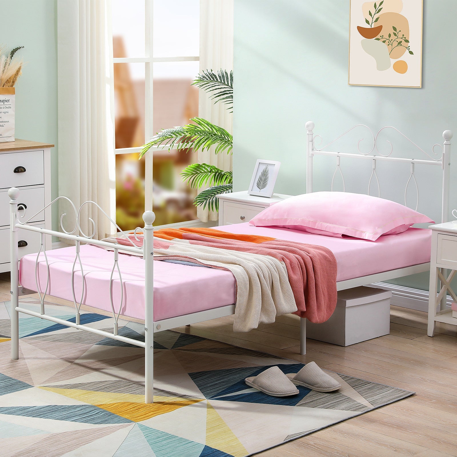 FurnitureR Twin Size Metal Bed Frame with Headboard and Footboard, Steel Slats Support, Noise-Free, Underbed Storage, White