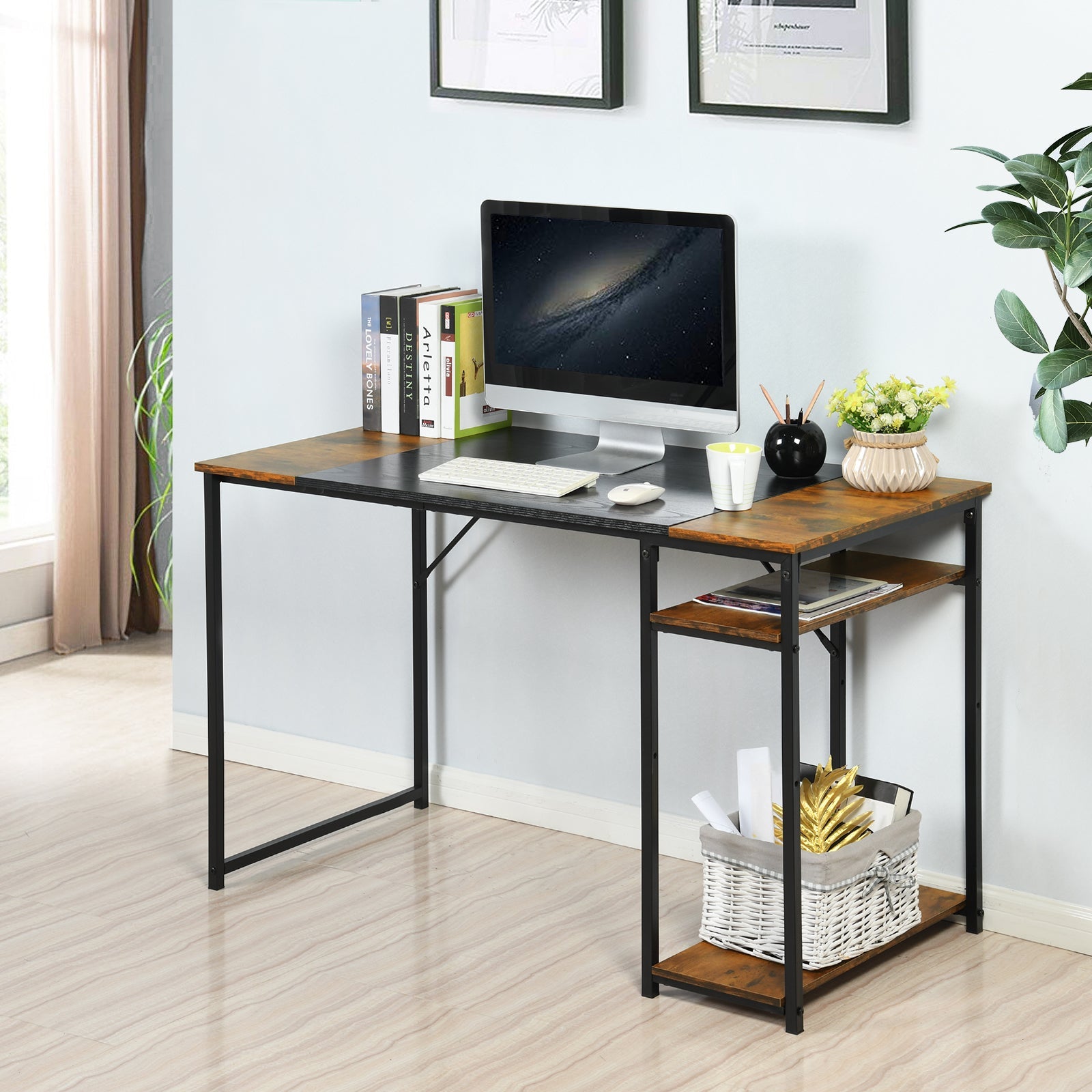 FurnitureR 47.2" Computer Desk with Side Shelves, Industrial Style Gaming Desk with Metal Frame, Home Office Workstation with Storage for PC, Laptop