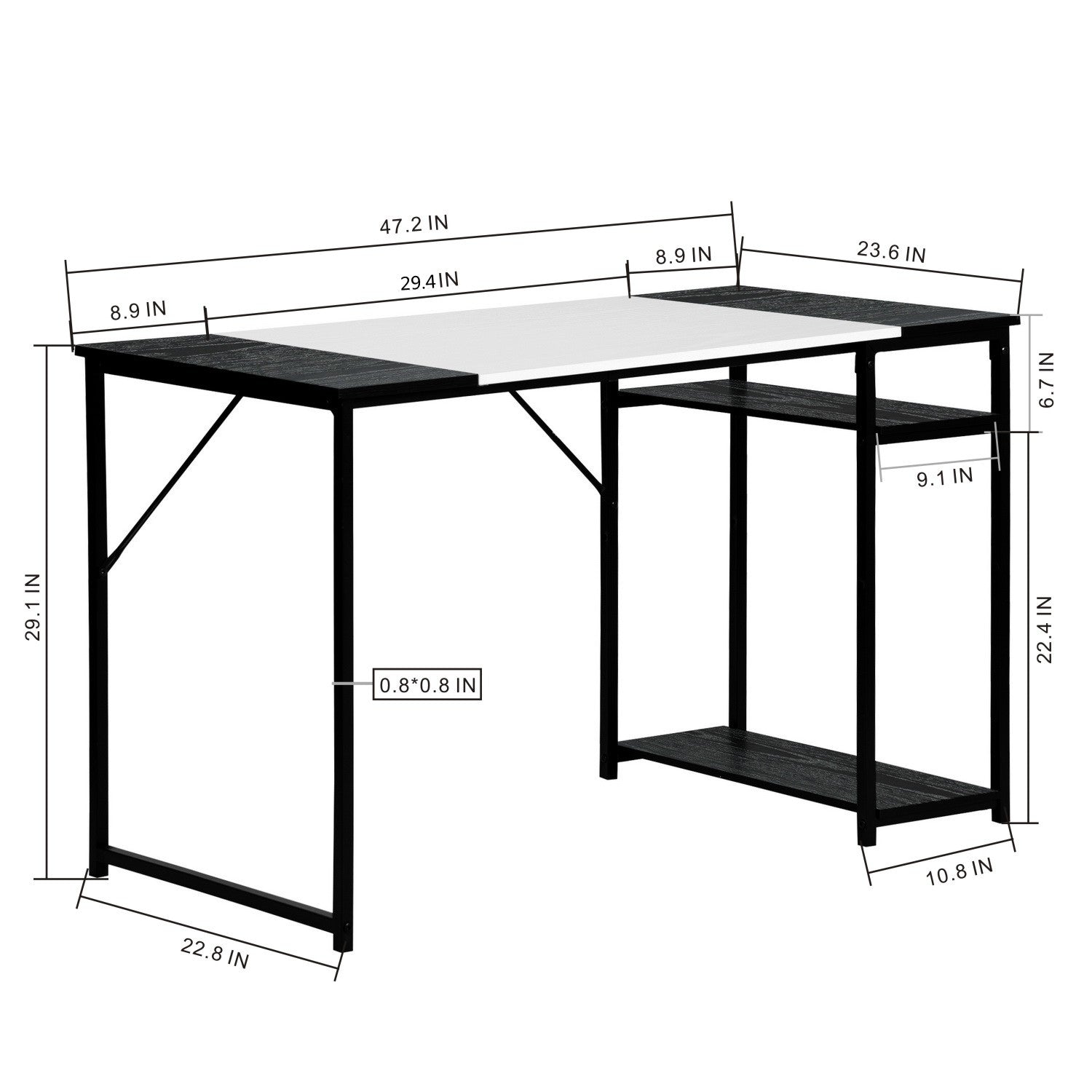 FurnitureR 47.2" Study Writing Desk with Storage Shelves, Computer Desk with Metal Frame, Space-Saving Workstation Table for Home Office, Black/White