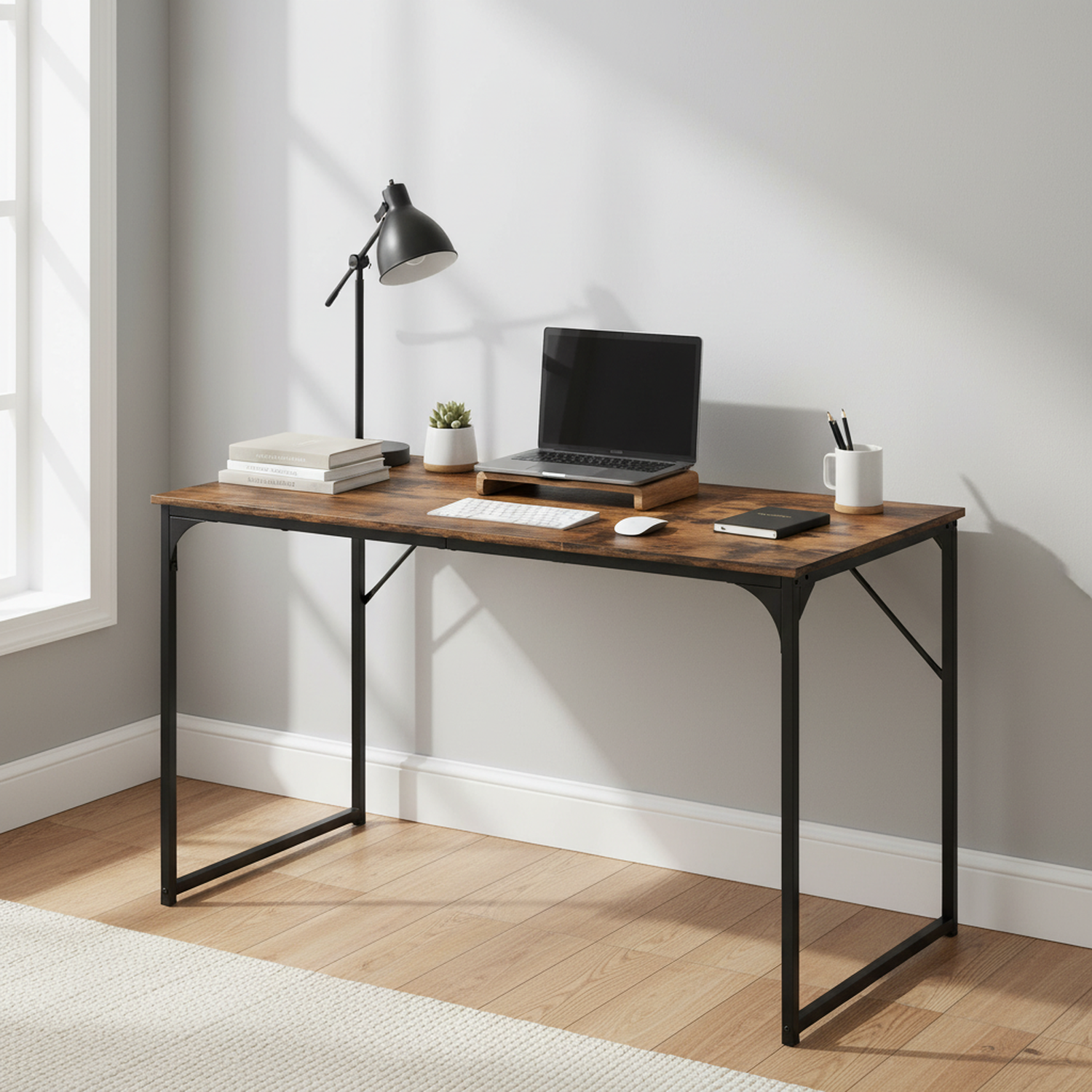 FurnitureR 47.2" Home Office Table Simple Computer Desk Laptop PC Writing Sturdy Metal Frames for Study Room, Rustic Brown