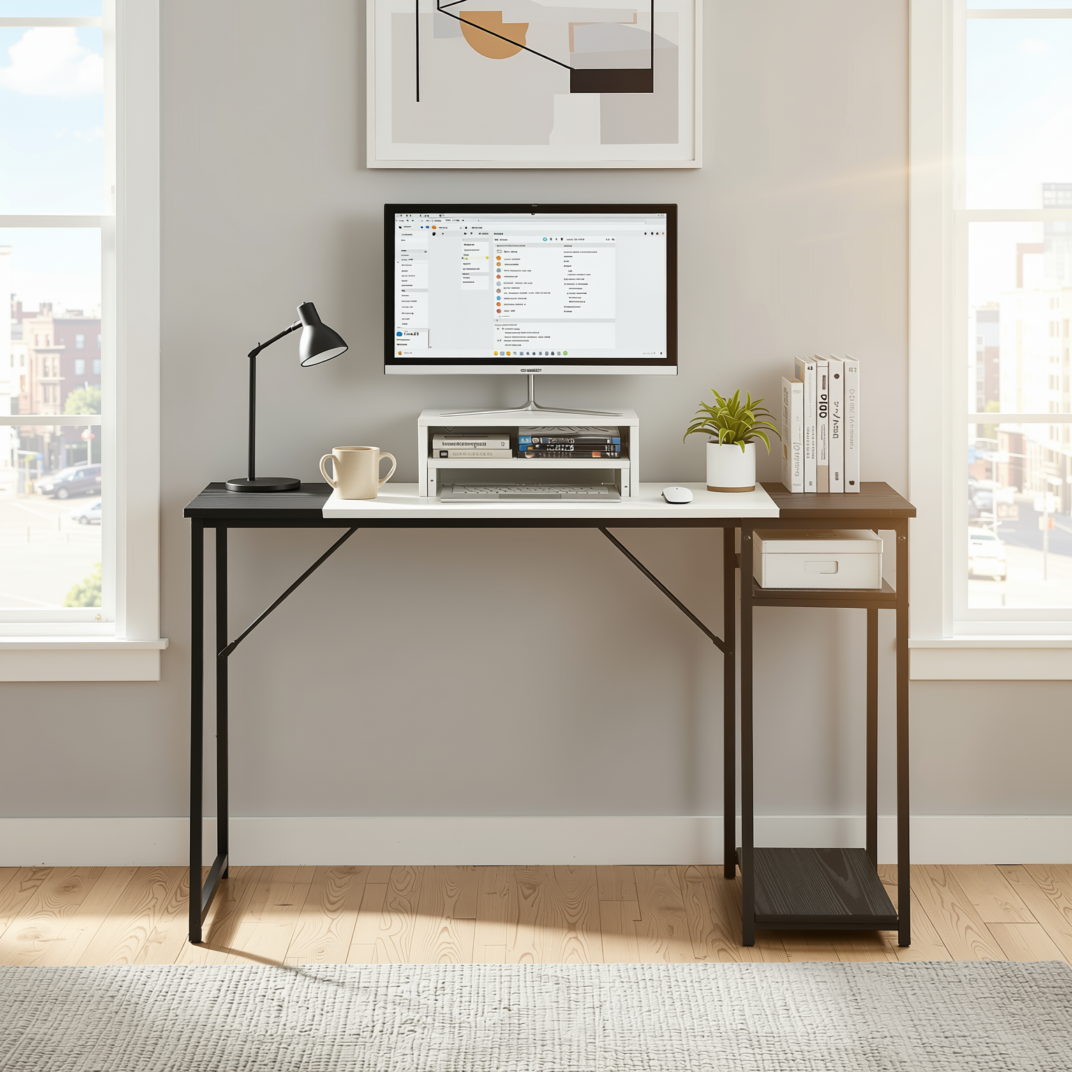 Trumpety FurnitureR Shelf with Monitor Stand and Side Storage for Home Office, Black & White