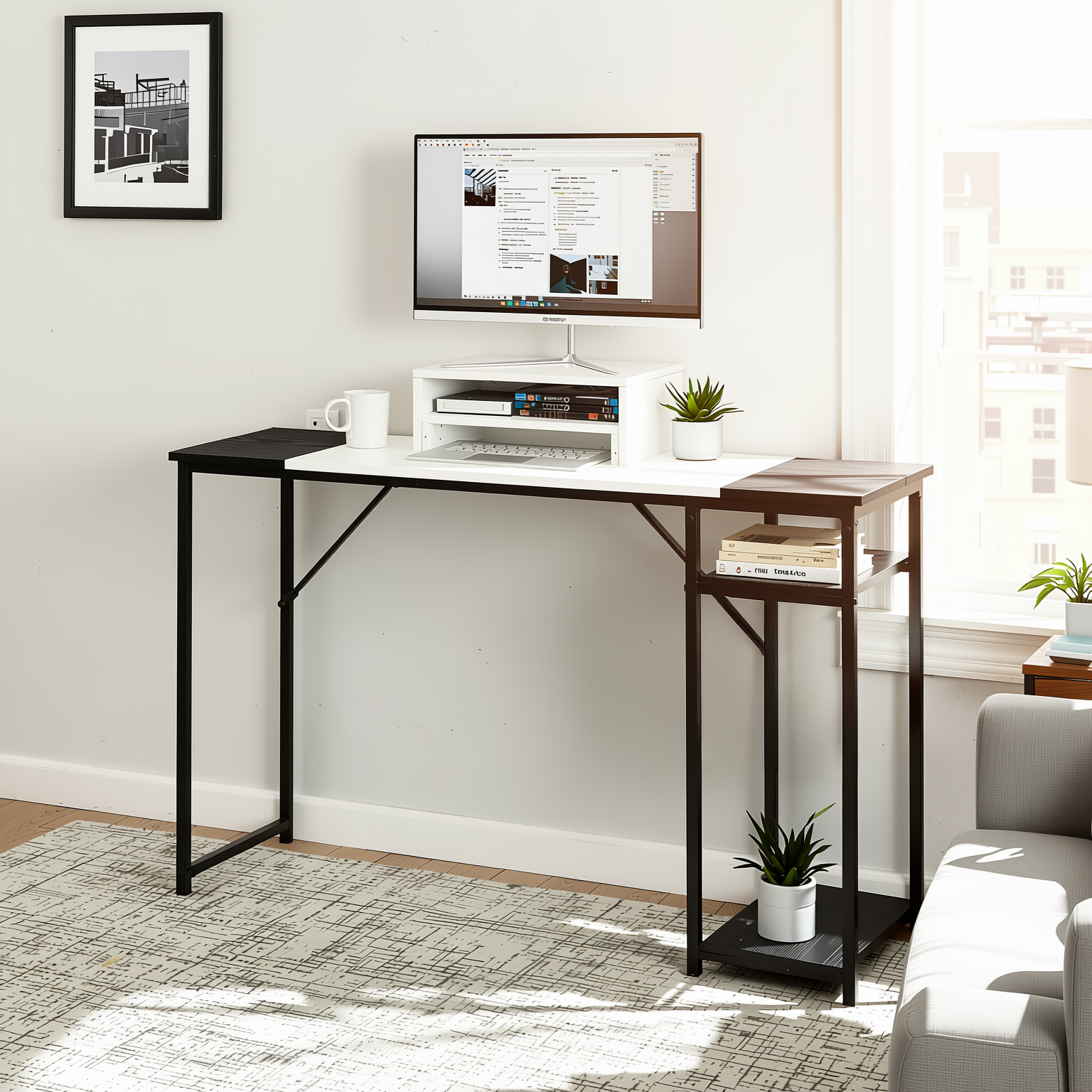 Trumpety FurnitureR Shelf with Monitor Stand and Side Storage for Home Office, Black & White