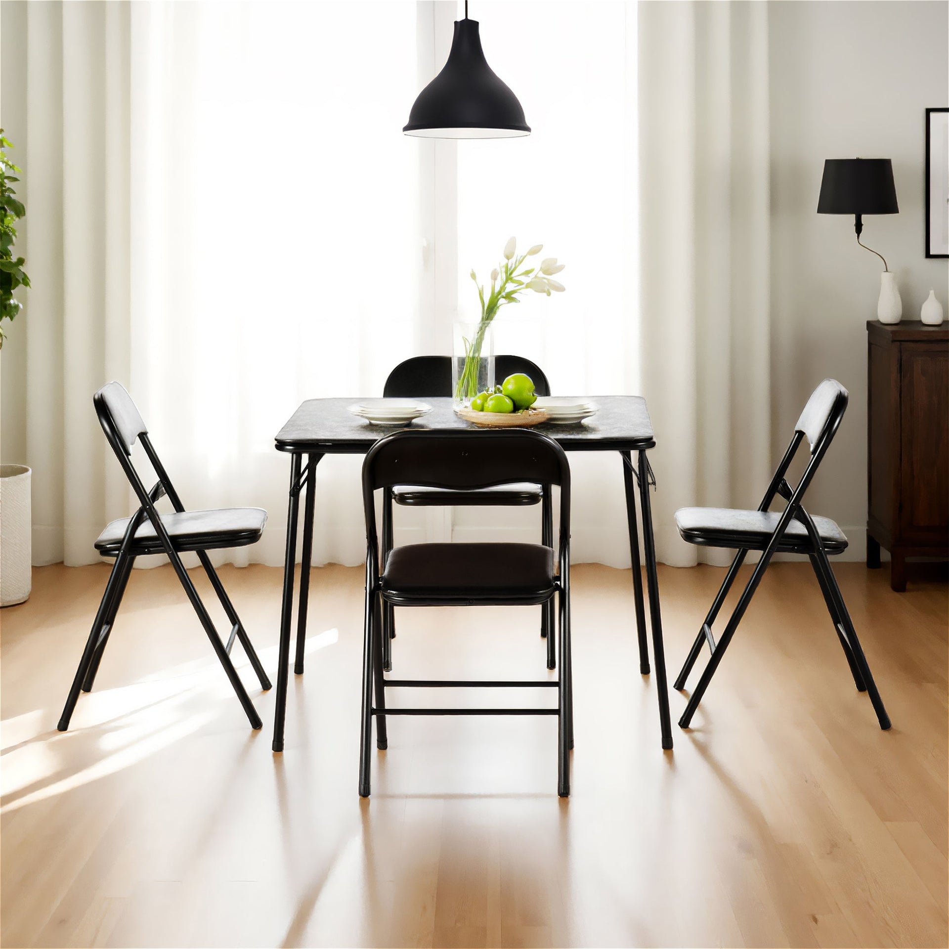 FurnitureR 5-Piece Folding Table and Chair Set ¨C Portable Square Table with 4 Padded Chairs, Space-Saving Dining or Card Game Set for Home, Black