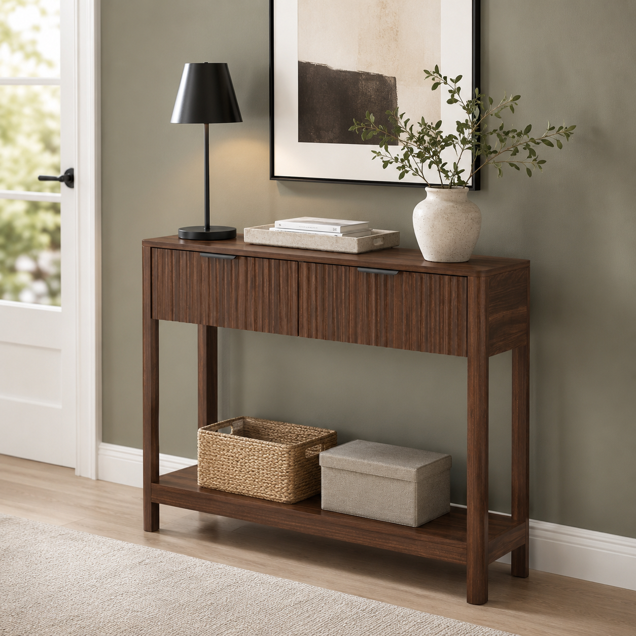 Arteriogenesis FurnitureR Mid-Century Modern Fluted Console Table with Storage for Entryway, Walnut Engineered Wood