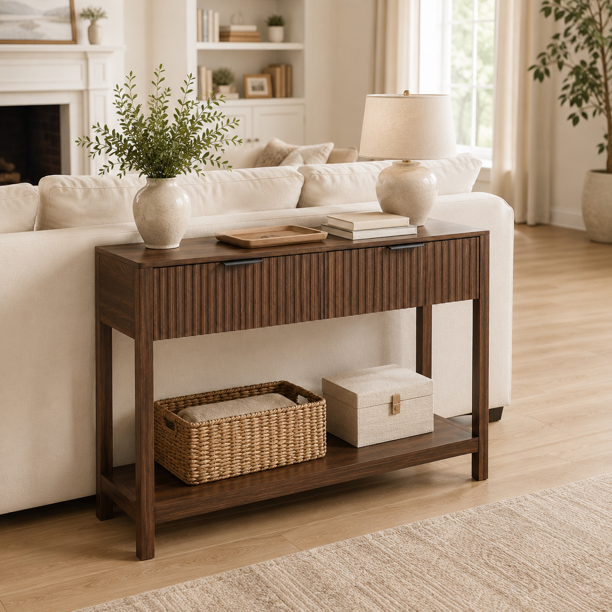 Arteriogenesis FurnitureR Mid-Century Modern Fluted Console Table with Storage for Entryway, Walnut Engineered Wood