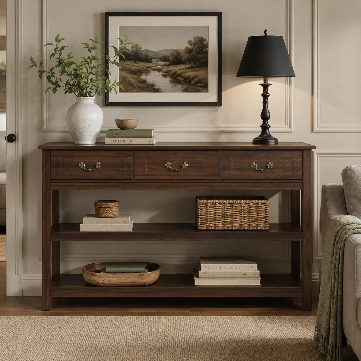 Heterosporic FurnitureR Console Table with 3 Drawers & Open Shelves for Entryway, Walnut Engineered Wood