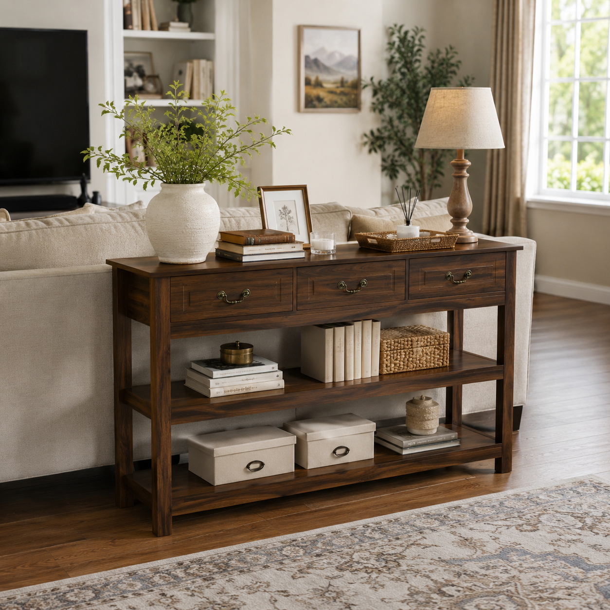Heterosporic FurnitureR Console Table with 3 Drawers & Open Shelves for Entryway, Walnut Engineered Wood