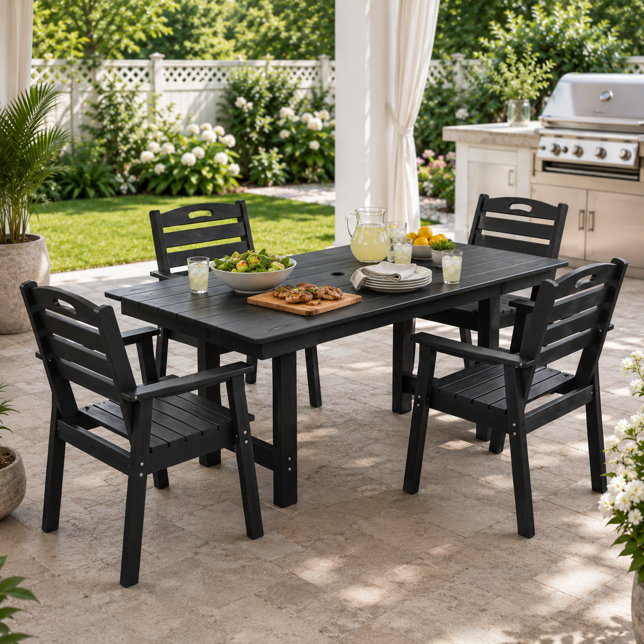 Cholick FurnitureR Outdoor Patio Dining Table Set with Sunshade Hole for Small Spaces, Black HDPE