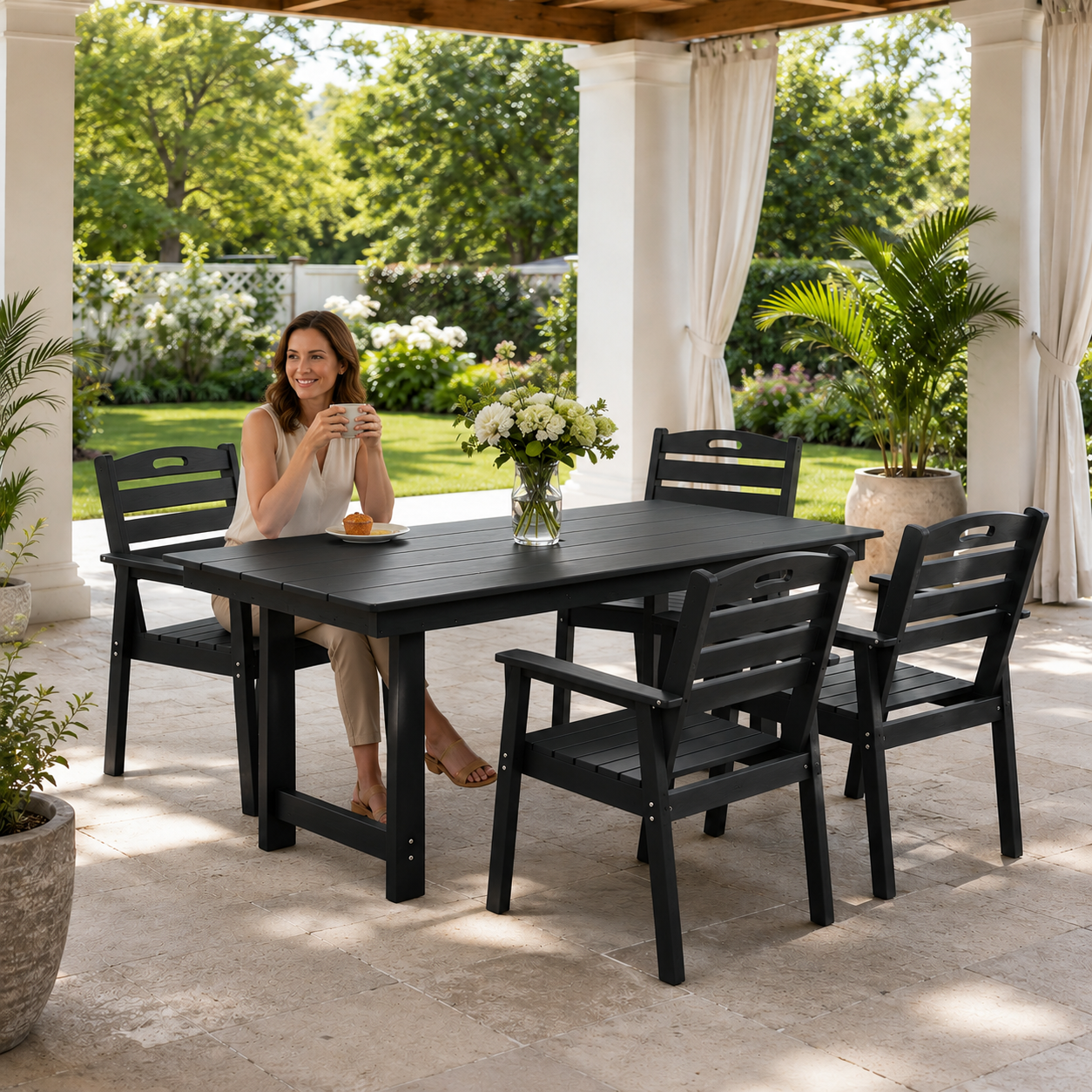 Cholick FurnitureR Outdoor Patio Dining Table Set with Sunshade Hole for Small Spaces, Black HDPE