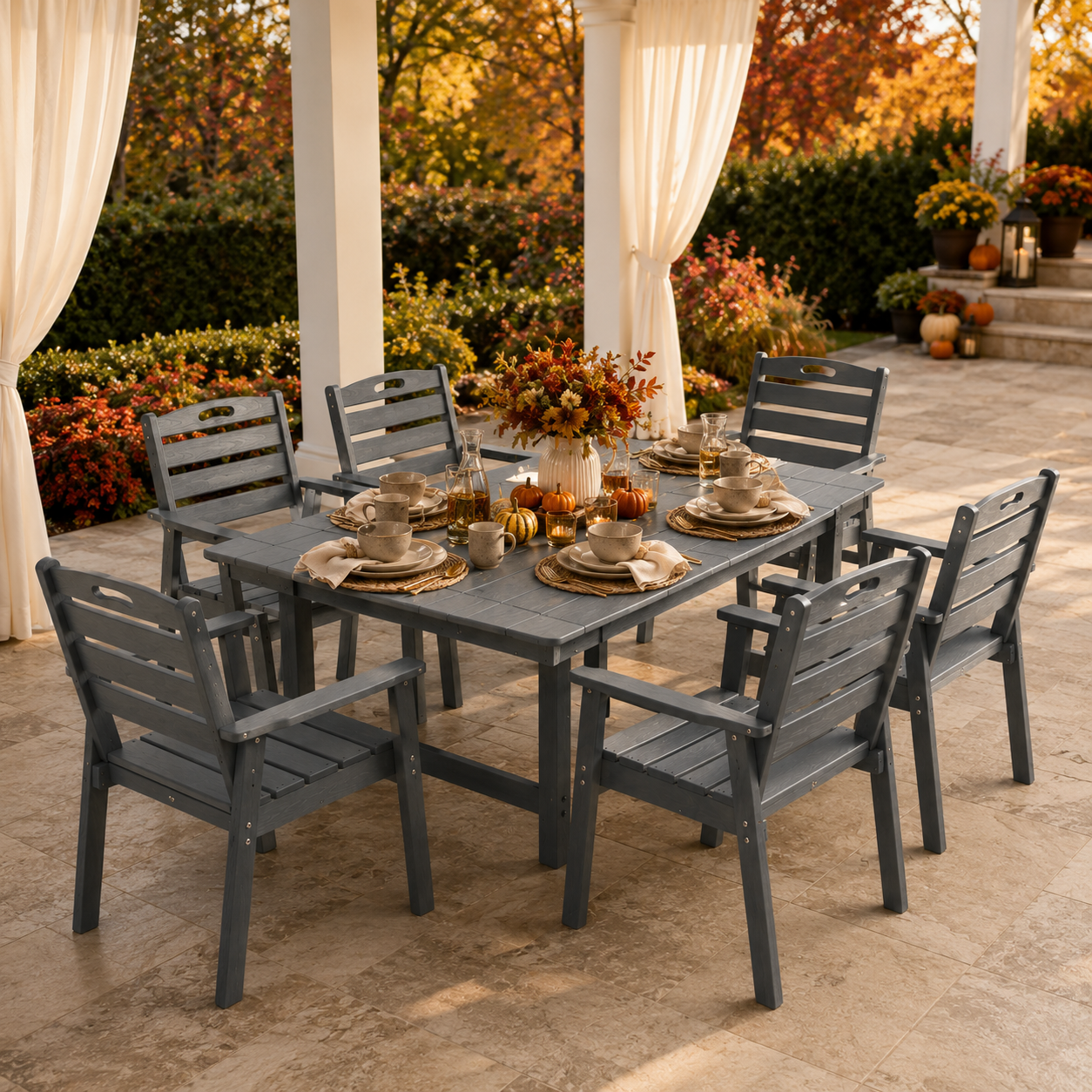 Wooziness FurnitureR Outdoor Dining Table Set with Sunshade Hole for Patio, HDPE Grey