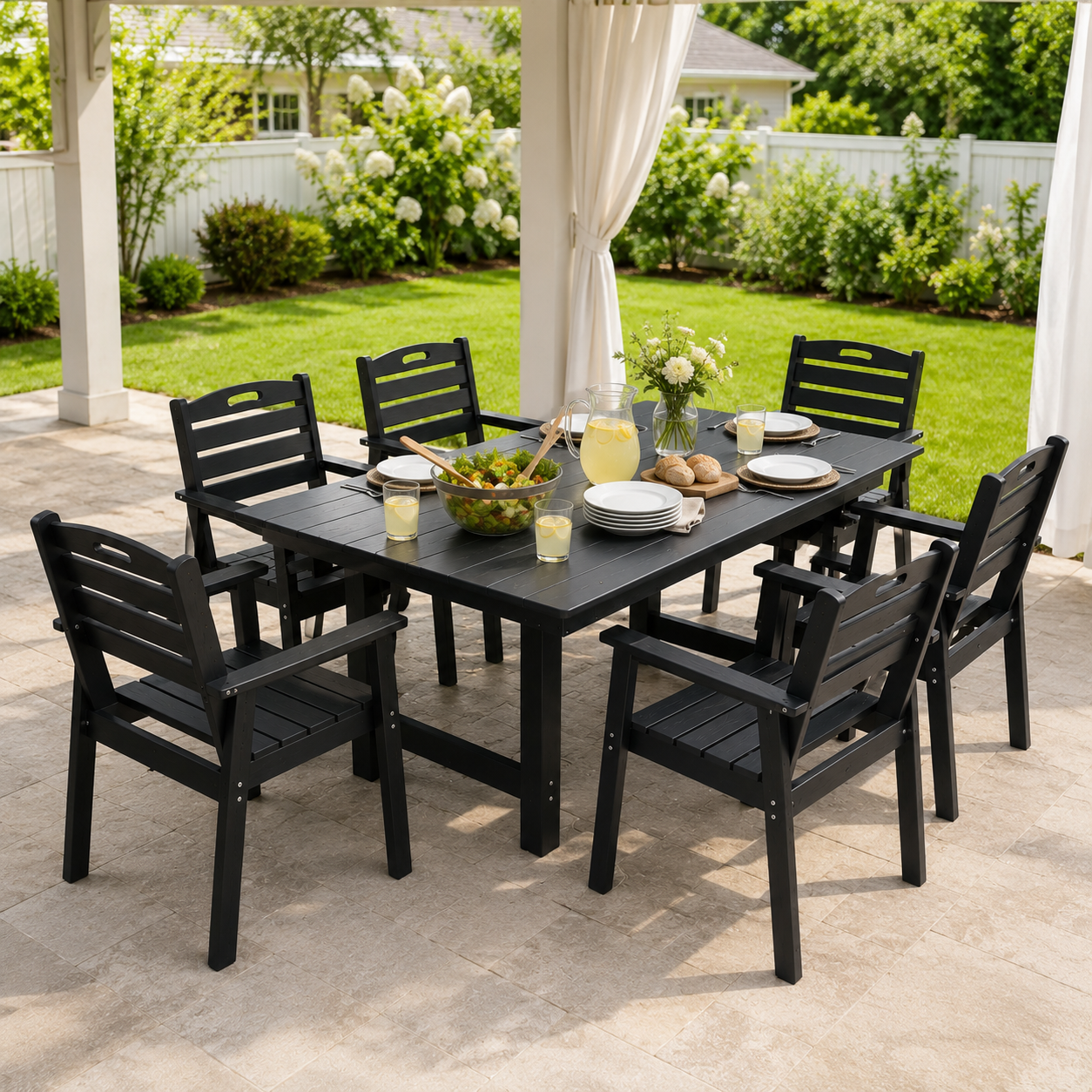 Afoul FurnitureR Outdoor Dining Table Set with Sunshade Hole for Patio, Black HDPE