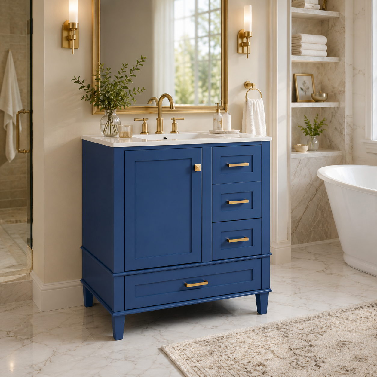 Dementing FurnitureR Bathroom Cabinet with Sink Combo, Soft-Close Storage, Blue Solid Wood