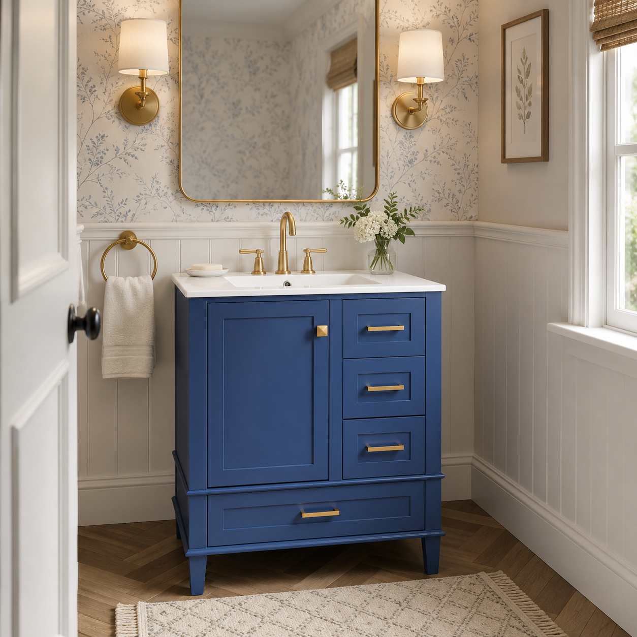 Dementing FurnitureR Bathroom Cabinet with Sink Combo, Soft-Close Storage, Blue Solid Wood
