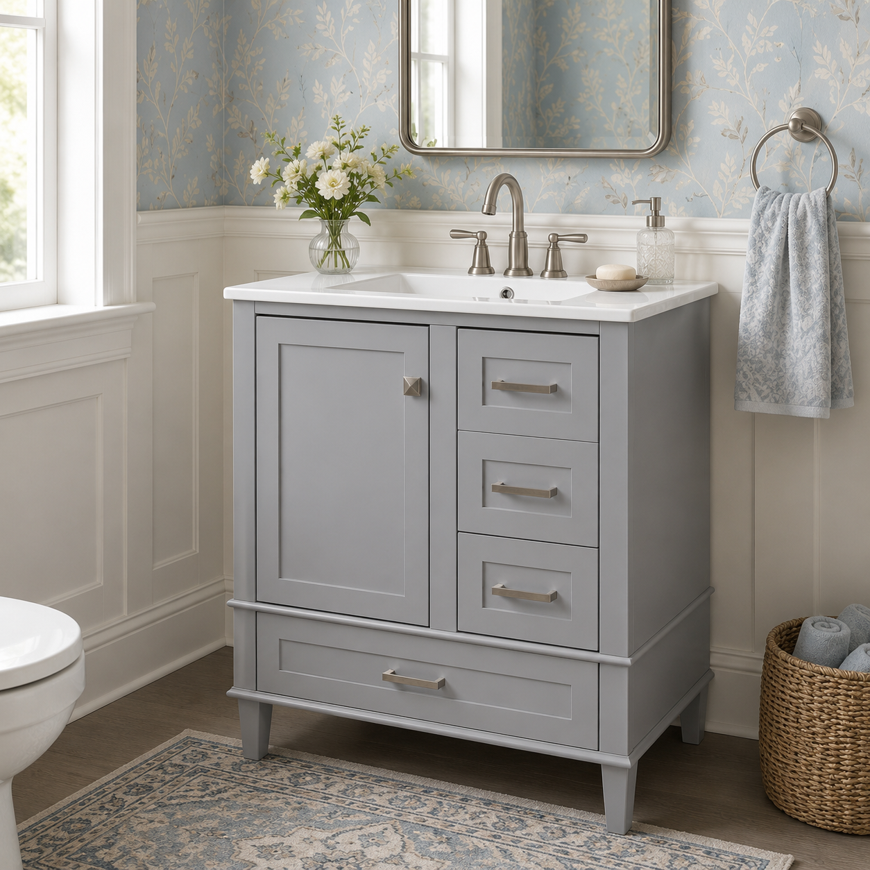 Vexingness FurnitureR Bathroom Cabinet with Soft-Close Storage for Small Apartments, Solid Wood Grey