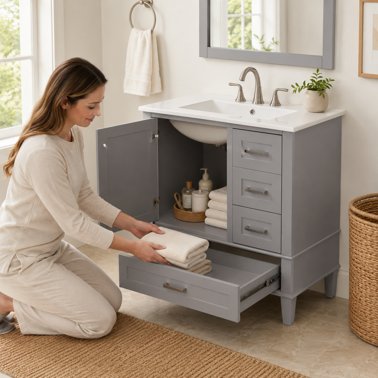 Vexingness FurnitureR Bathroom Cabinet with Soft-Close Storage for Small Apartments, Solid Wood Grey