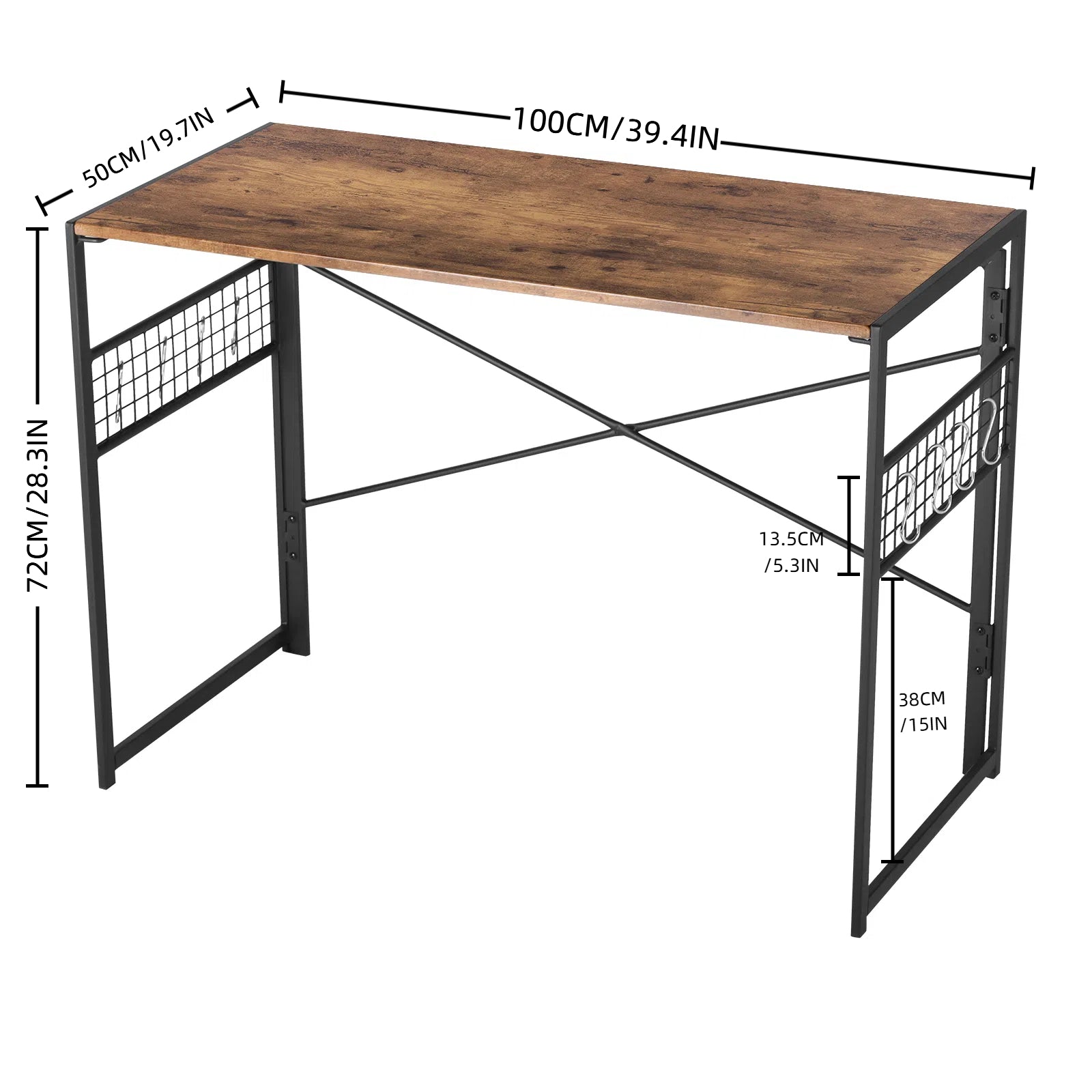Escritorio plegable FurnitureR, mesa de estudio y escritura de 39,4 pulgadas que ahorra espacio, escritorio para computadora con 8 ganchos de almacenamiento para dormitorio, oficina en casa, dormitorio universitario, marrón