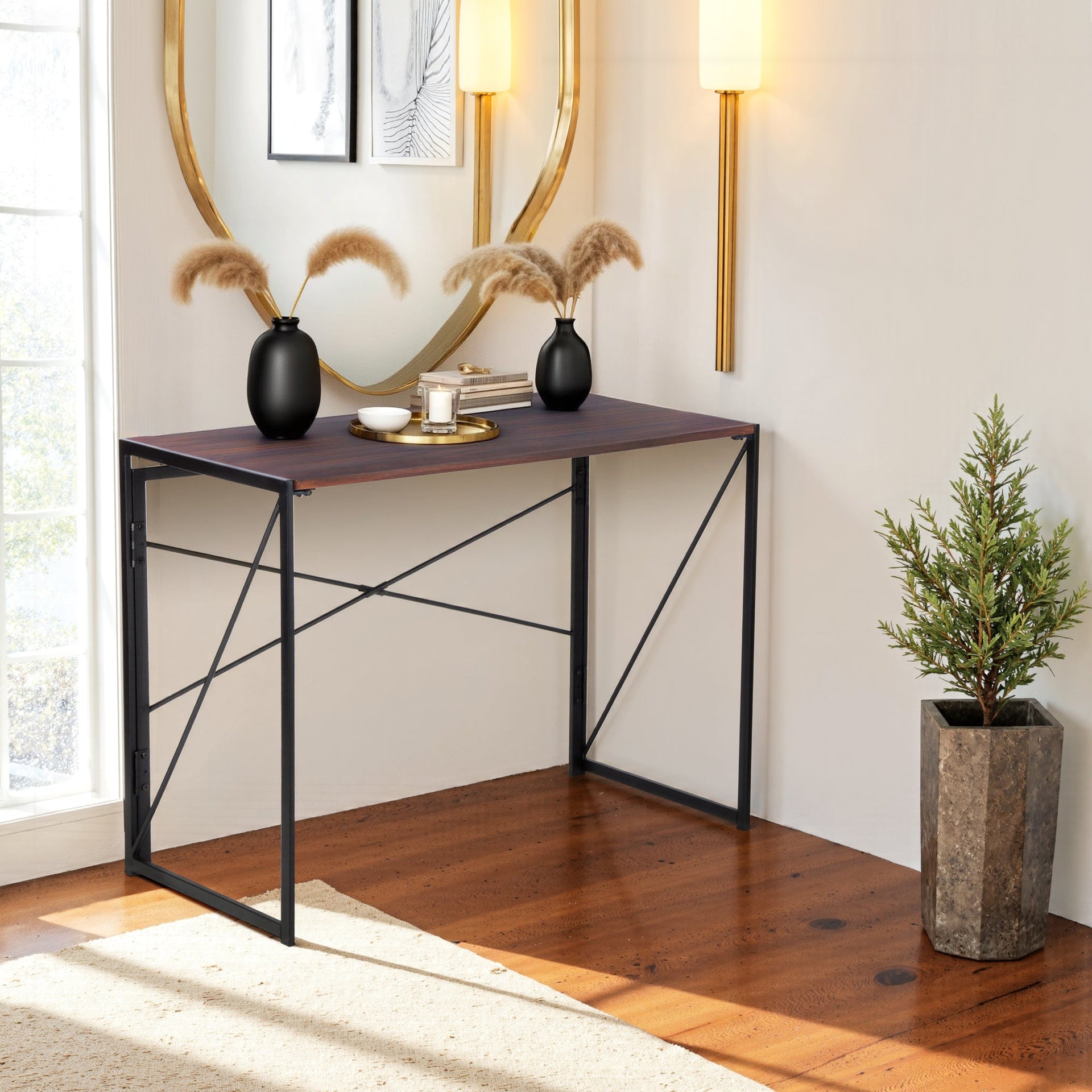 FurnitureR Folding Home Office Desk, Foldable Computer Study Writing Table Space Saving Workstation Folding Simple Desk, Metal Frame, 39.4 Inch