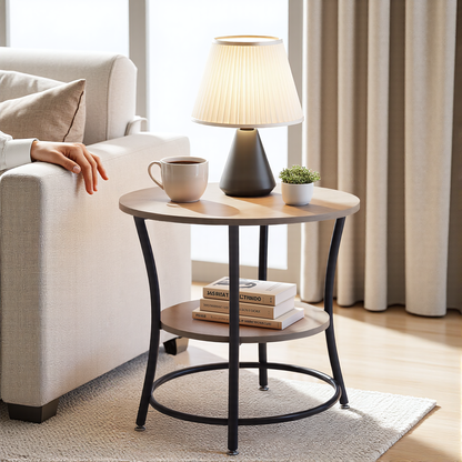FurnitureR 2-Tier Round Side Table, 21.65" Accent Sofa End Table for Living Room or Bedroom, Metal Frame & MDF Wooden Top, Easy Assembly, 1PC, Brown