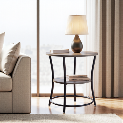 FurnitureR 2-Tier Round Side Table, 21.65" Accent Sofa End Table for Living Room or Bedroom, Metal Frame & MDF Wooden Top, Easy Assembly, 1PC, Brown