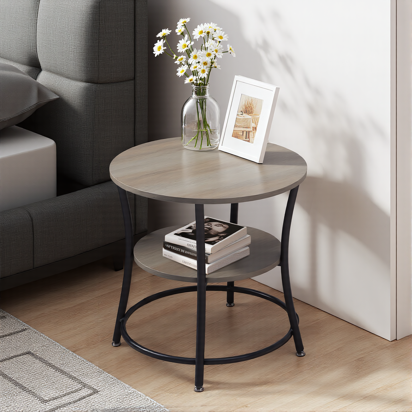 FurnitureR 2-Tier Round Side Table, 21.65" Accent Sofa End Table for Living Room or Bedroom, Metal Frame & MDF Wooden Top, Easy Assembly, 1PC, Brown