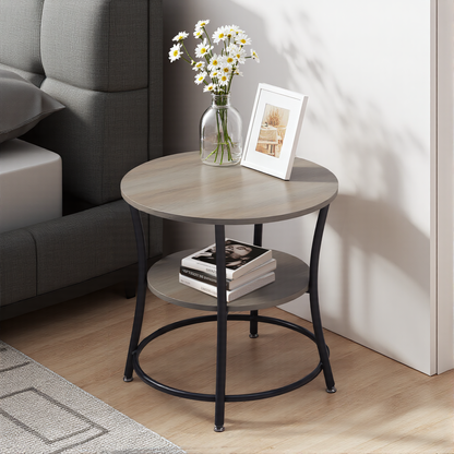 FurnitureR 2-Tier Round Side Table, 21.65" Accent Sofa End Table for Living Room or Bedroom, Metal Frame & MDF Wooden Top, Easy Assembly, 1PC, Brown