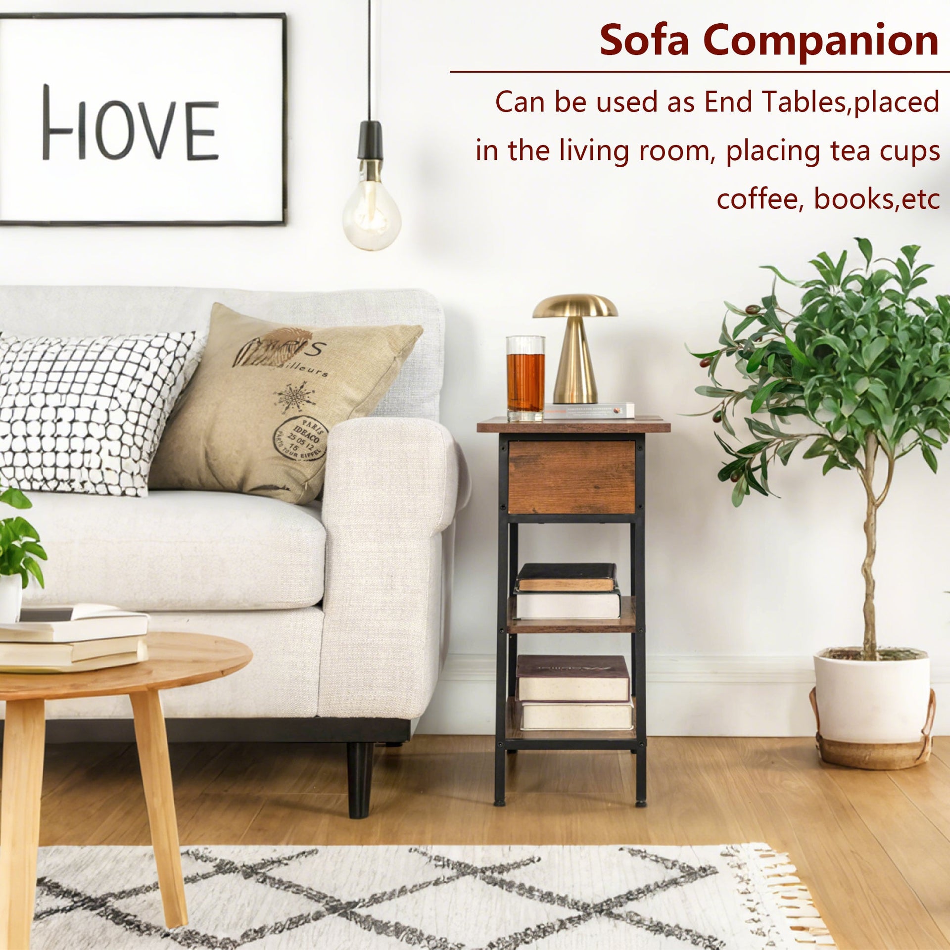 FurnitureR Nightstand with Charging Station, USB Ports & Outlets, 3-Tier End Side Table with Storage Shelves and Cabinet for Living Room, Bedroom