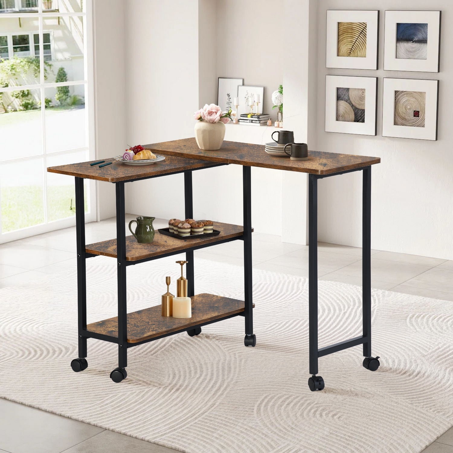 bearing FurnitureR Folding Rolling Side Table for Living Room, Industrial Mobile End Table with Storage Shelves, Rustic Brown