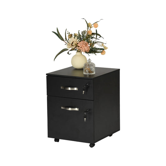 FurnitureR Mobile File Cabinet with Lock, 2 Drawer Wood Filing Cabinet with Wheels, Lockable Office Storage Organizer for A4/Letter/Legal Size Files