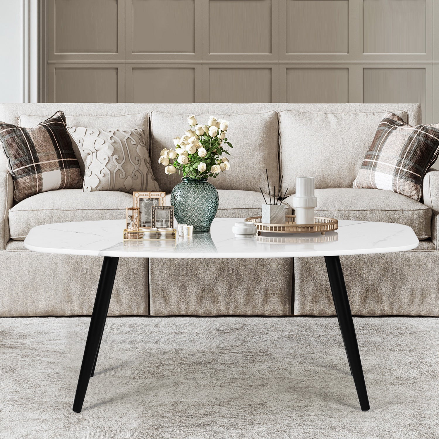 Mesa de centro moderna FurnitureR de 43,3 pulgadas rectangular de estilo sencillo, mesa auxiliar de cóctel de madera minimalista para sala de estar (mármol)
