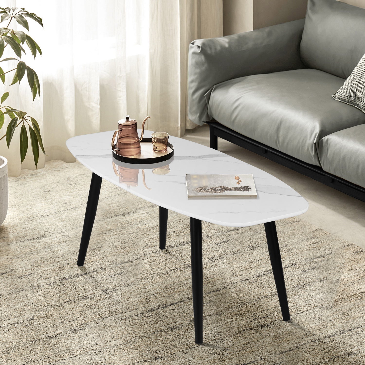 Mesa de centro moderna FurnitureR de 43,3 pulgadas rectangular de estilo sencillo, mesa auxiliar de cóctel de madera minimalista para sala de estar (mármol)