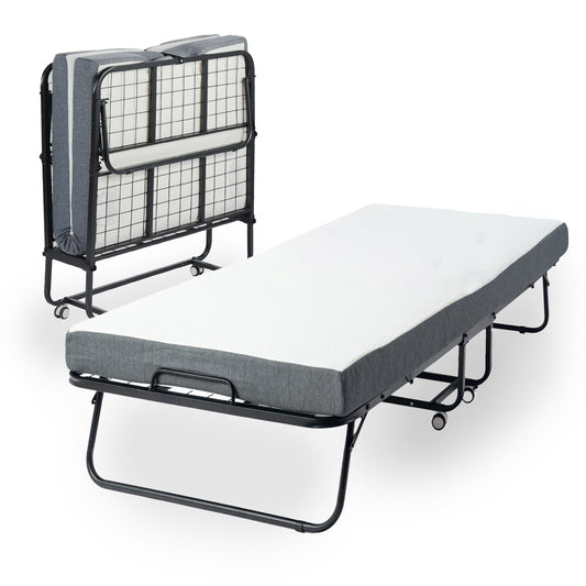 FurnitureR Folding Bed with 5-Inch Memory Foam Mattress ¨C  Portable Rollaway Guest Bed with Wheels, Foldable Metal Frame for Adults, Sturdy