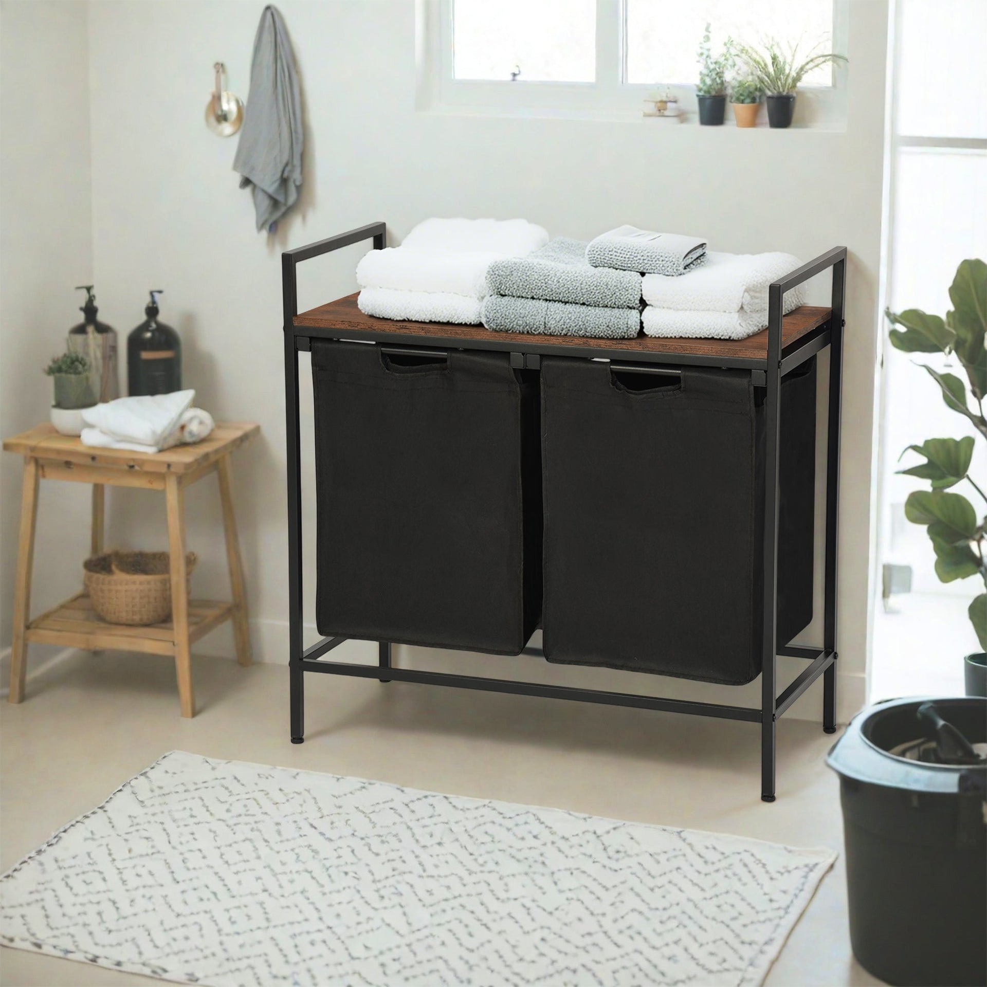 Cesto de ropa sucia FurnitureR de 2 secciones con estante, clasificador de ropa sucia de 2 cubos con bolsas extraíbles y tapa de madera, cesto de ropa sucia de 73 cm de ancho