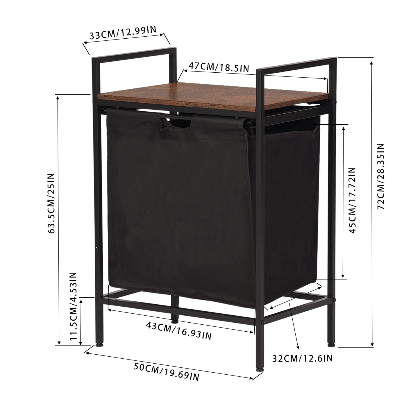 FurnitureR 19.69'' Laundry Hamper with Shelf, 1-Section Laundry Sorter with Removable Bag & Wooden Top, Wide Metal Frame Laundry Basket Brown/Black