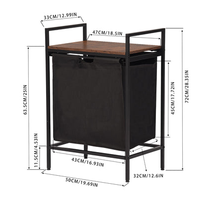 FurnitureR 19.69'' Laundry Hamper with Shelf, 1-Section Laundry Sorter with Removable Bag & Wooden Top, Wide Metal Frame Laundry Basket Brown/Black
