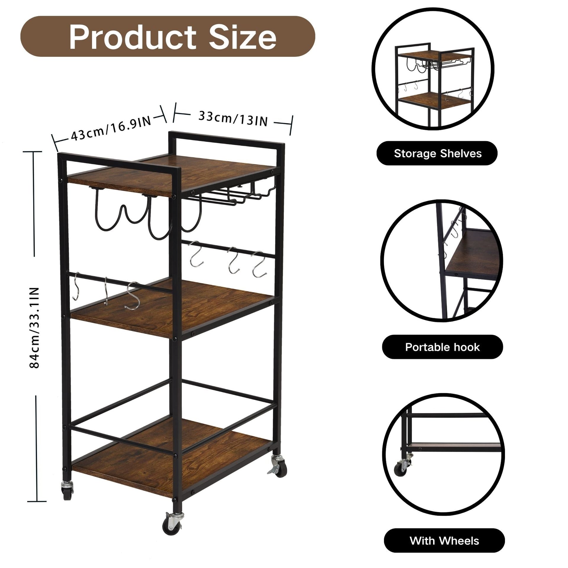 FurnitureR Kitchen Microwave Stand Rustic Small Bakers Rack 3-Tier with 6 Hooks Kitchen Cart on Wheels Small Space, Metal Frame, Vintage Brown