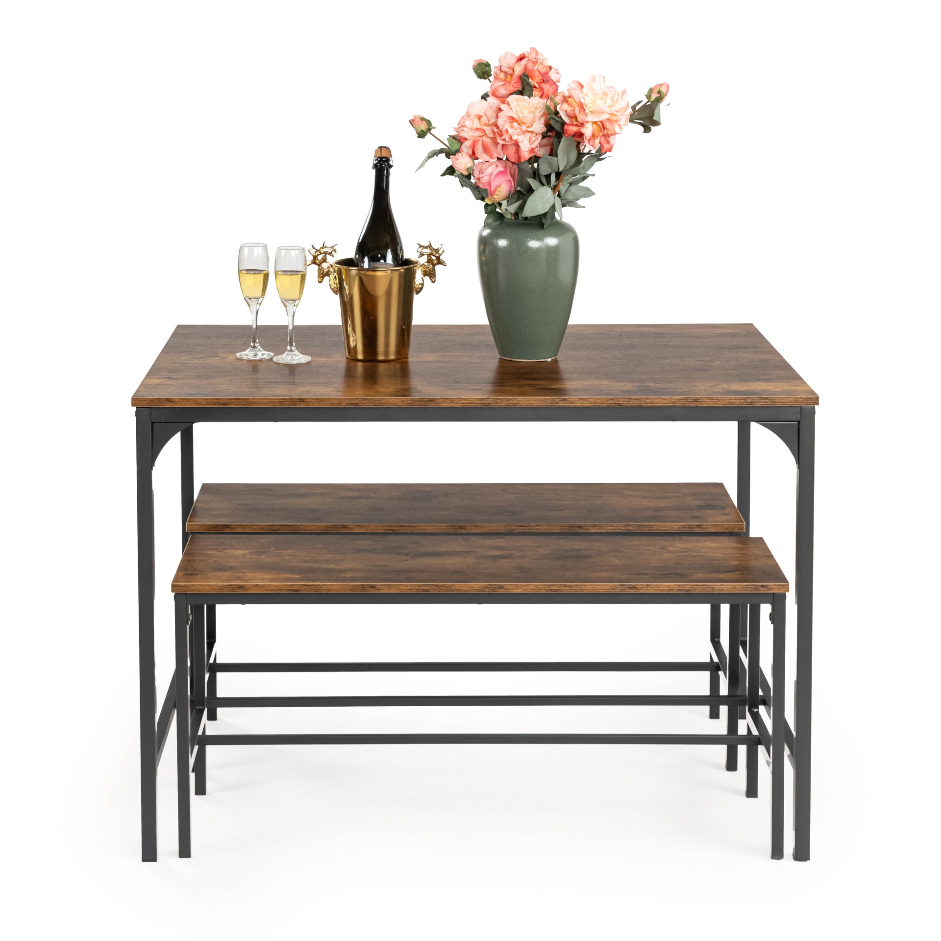 FurnitureR 3-Piece Dining Table Set with 2 Benches, Space-Saving Kitchen & Dining Room Set for Home or Restaurant, Metal Frame and MDF Top,  Brown