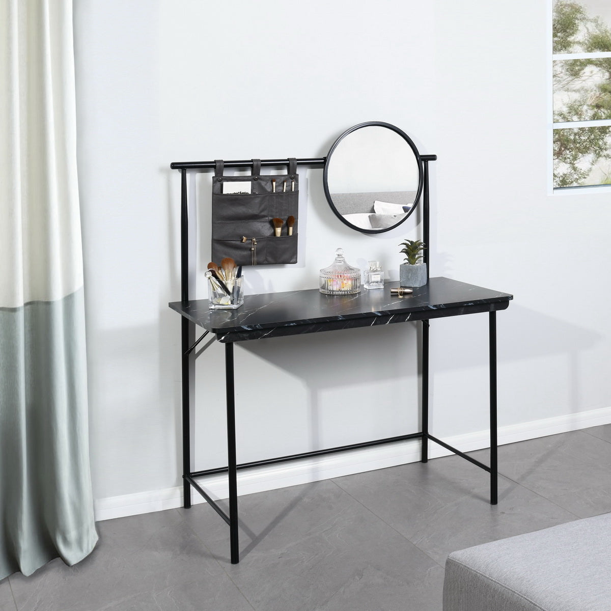 Mesa de tocador FurnitureR con espejo circular extraíble, sencillo tocador de maquillaje, mesa de vestidor multifuncional, escritorio de escritura para dormitorio, Negro