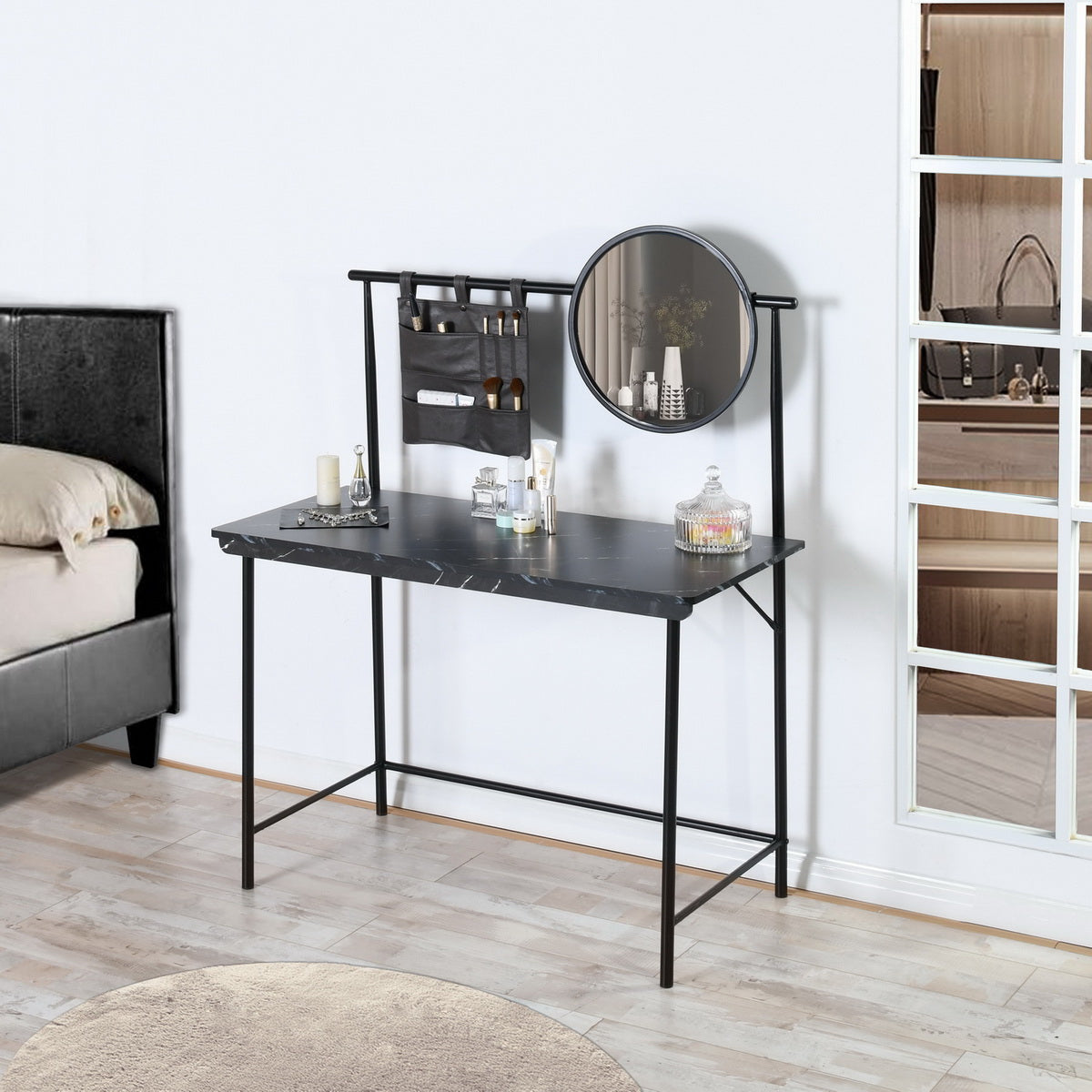 Mesa de tocador FurnitureR con espejo circular extraíble, sencillo tocador de maquillaje, mesa de vestidor multifuncional, escritorio de escritura para dormitorio, Negro