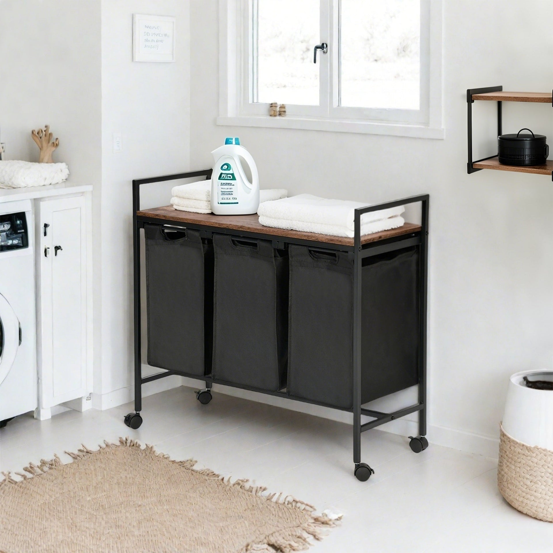 FurnitureR Rolling Laundry Hamper with 3 Removable Bags and Wooden Top Shelf - 32.68'' Wide Vintage Rustic Style Laundry Sorter Basket, Black/Brown