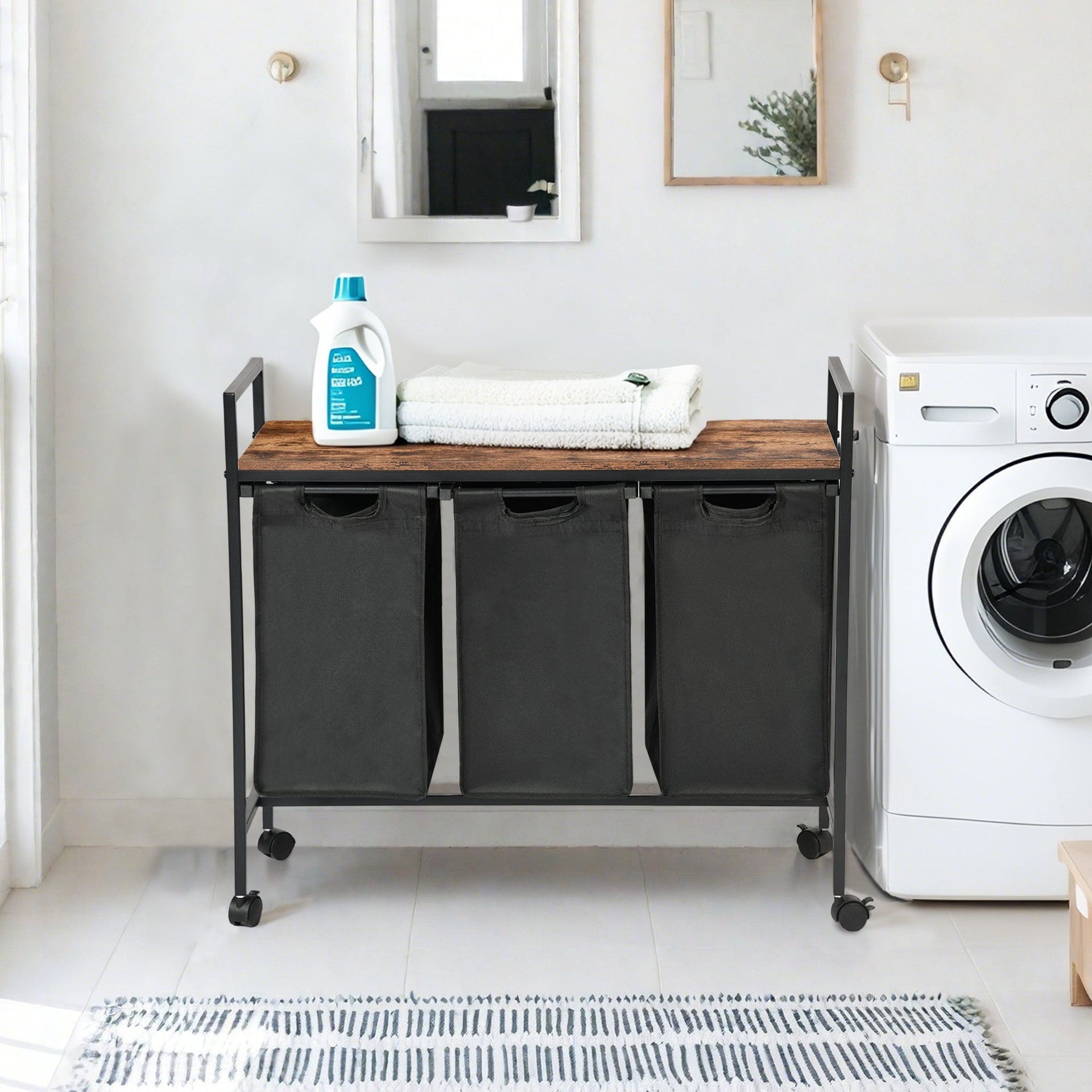 FurnitureR Rolling Laundry Hamper with 3 Removable Bags and Wooden Top Shelf - 32.68'' Wide Vintage Rustic Style Laundry Sorter Basket, Black/Brown