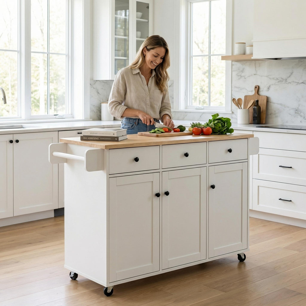 FurnitureR, flora 1 White Mobile Kitchen Island Cart, Modern Space-Saving Prep Table, Durable Storage Cabinet with Drop Leaf, Rolling Design for Small Kitchens, Adjustable Shelves, Easy Assembly