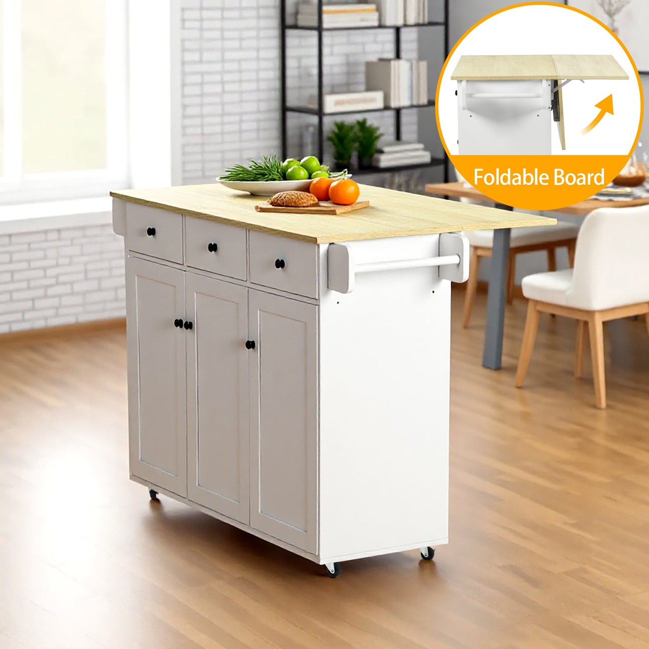 FurnitureR, flora 1 White Mobile Kitchen Island Cart, Modern Space-Saving Prep Table, Durable Storage Cabinet with Drop Leaf, Rolling Design for Small Kitchens, Adjustable Shelves, Easy Assembly
