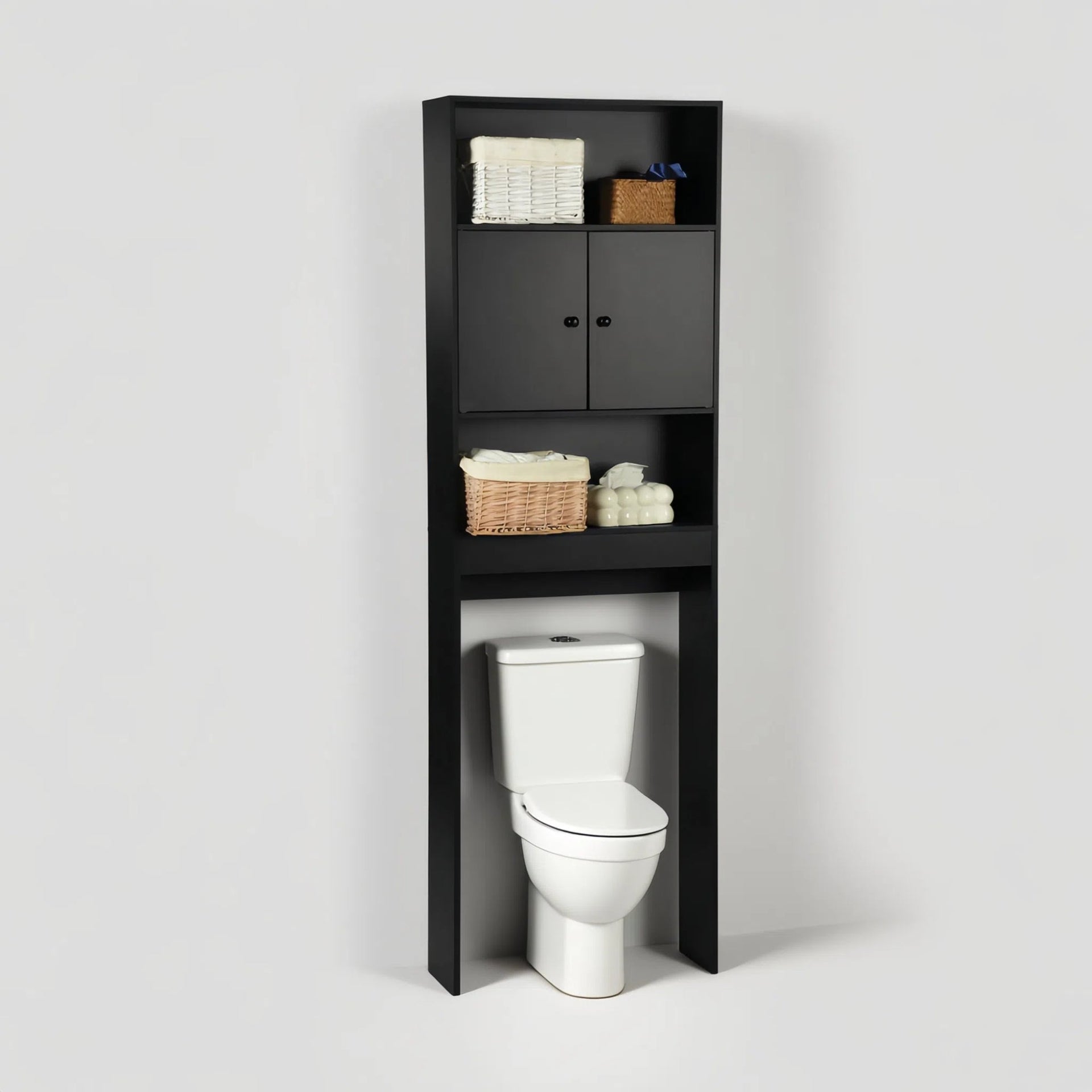 Mueble de almacenamiento para inodoro FurnitureR, estante organizador de baño de 3 niveles con puertas dobles y almacenamiento abierto, estantería de baño independiente, 194 cm de alto