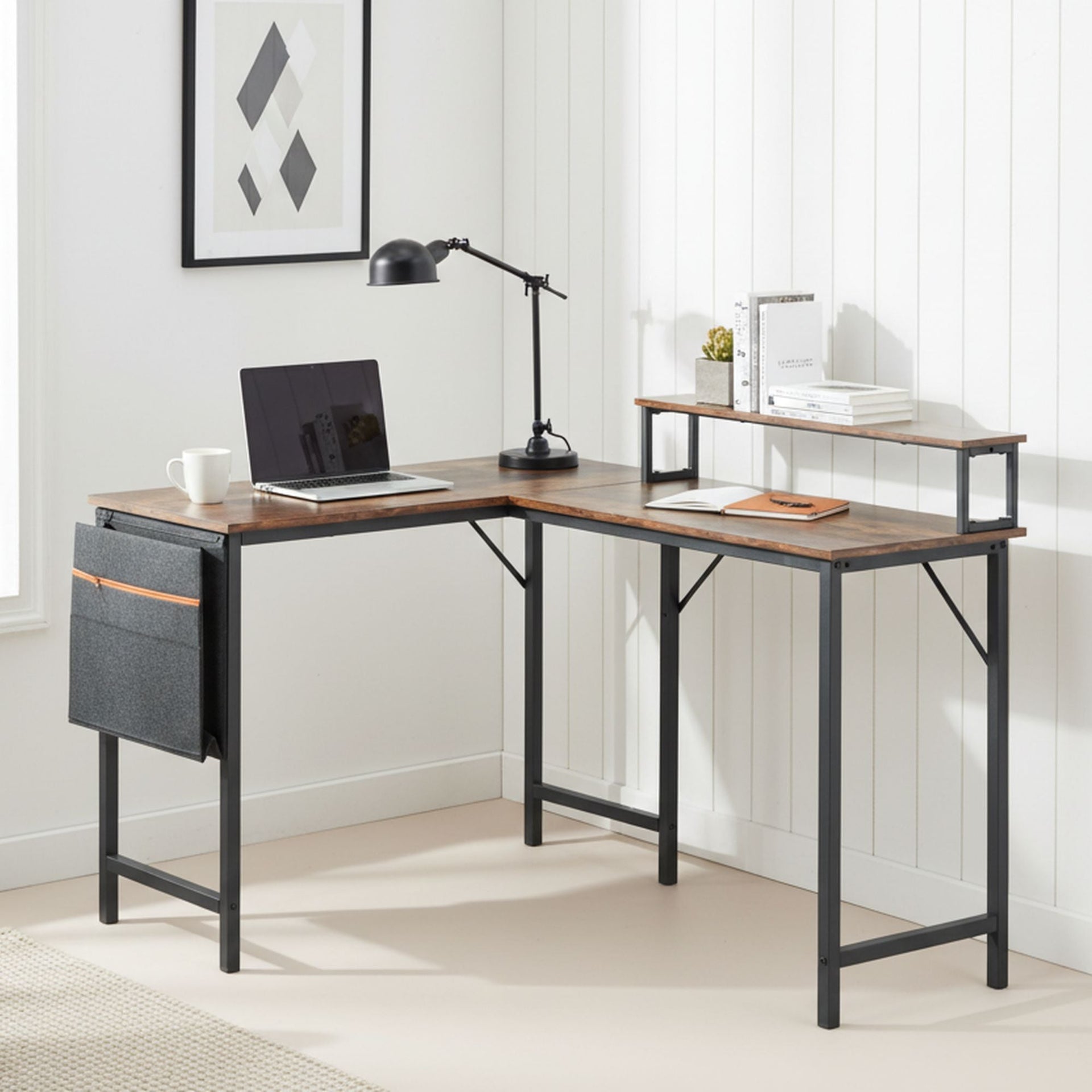 FurnitureR Escritorio esquinero para ordenador en forma de L reversible, con bolsa de almacenamiento, escritorio para oficina en casa, mesa de escritura en L de 123,9 cm con estante, marrón