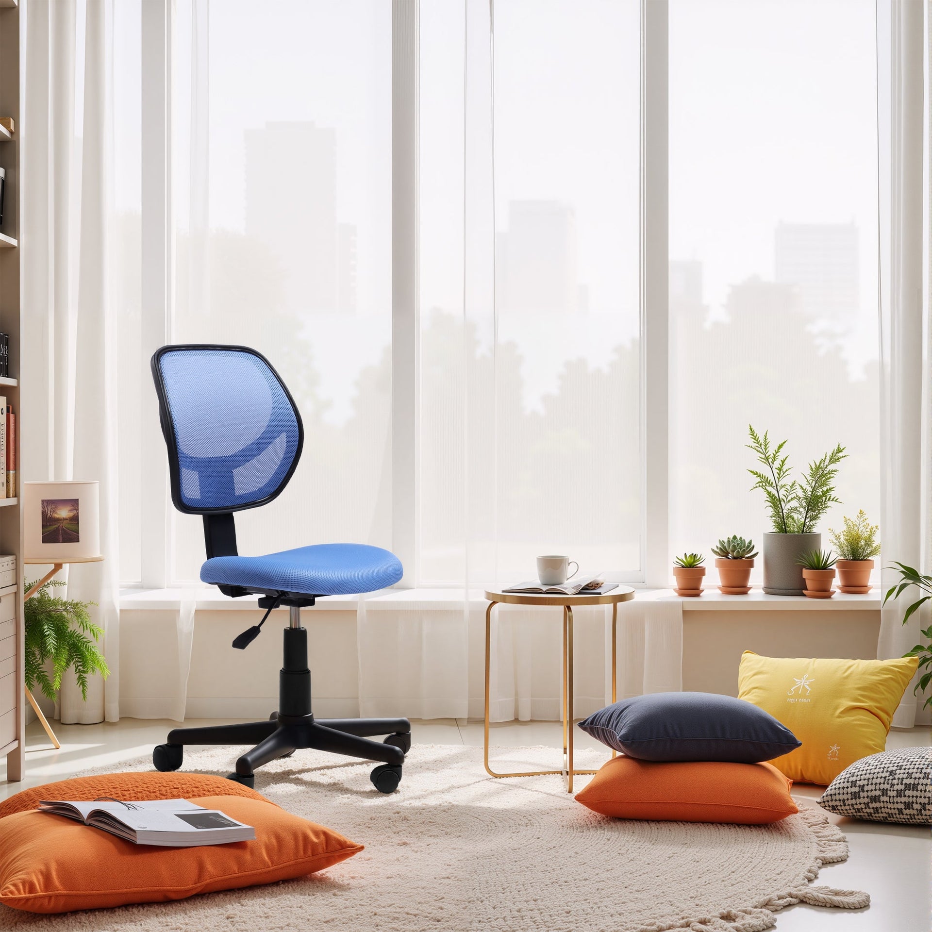 FurnitureR Desk Chair Mesh Armless, Ergonomic Adjustable Mid-Back Compact Rolling Swivel Computer Task Chair for Home Office Study Work, Blue
