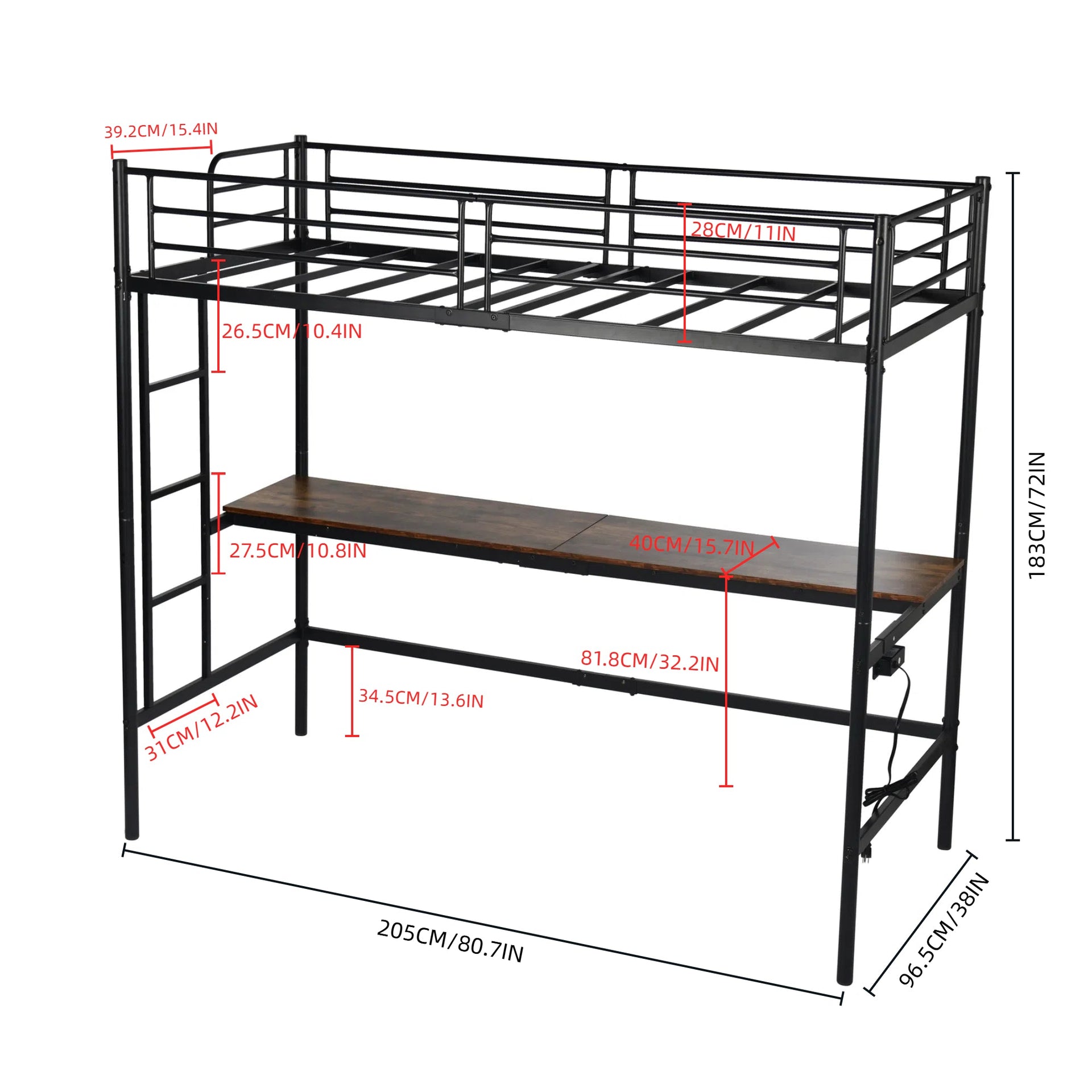 Cama alta FurnitureR con escritorio, estructura de cama alta de metal tamaño Twin con estación de trabajo y escalera, cama alta con barandales, industrial negro/marrón