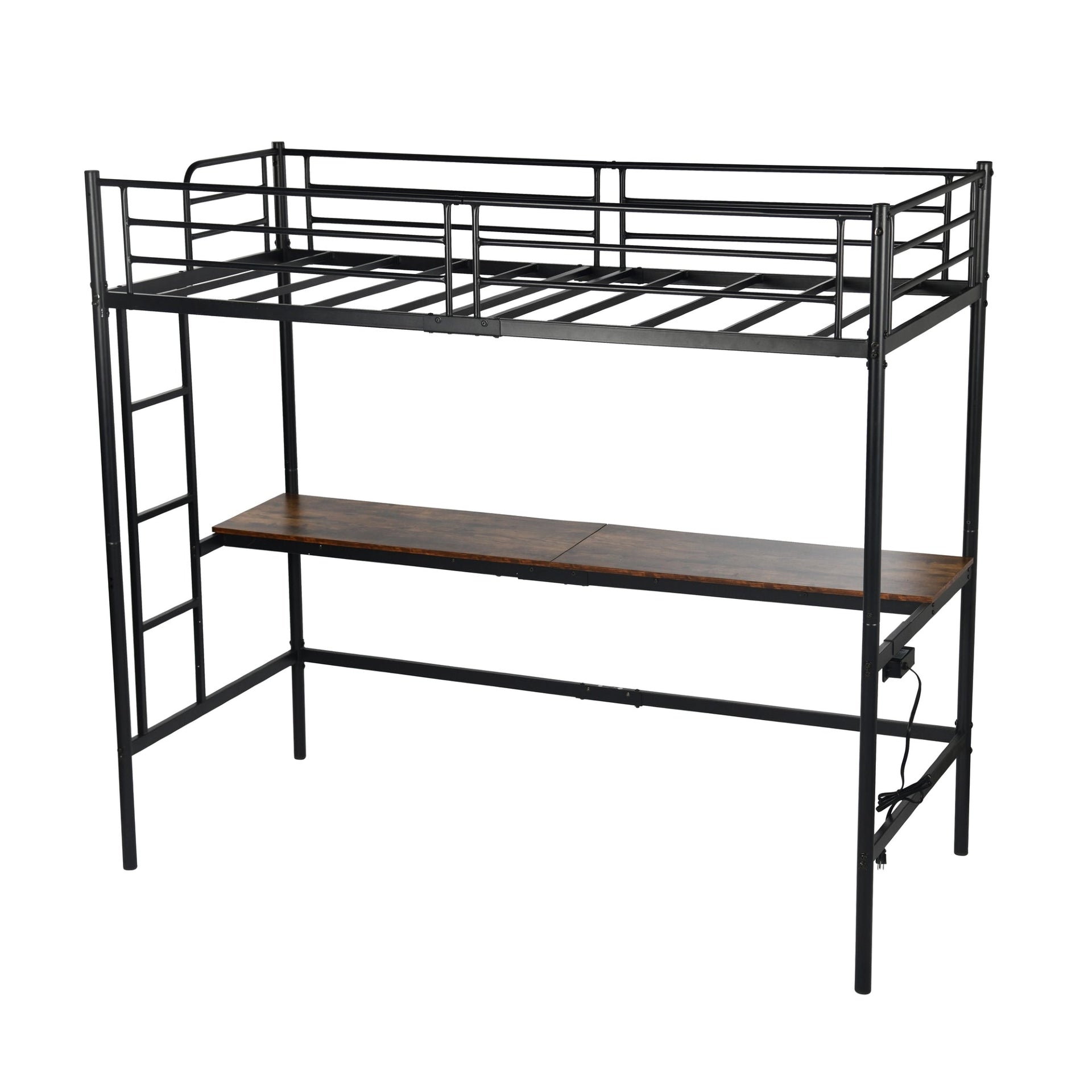 Cama alta FurnitureR con escritorio, estructura de cama alta de metal tamaño Twin con estación de trabajo y escalera, cama alta con barandales, industrial negro/marrón