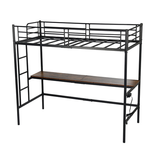 FurnitureR Loft Bed with Desk, Twin Size Metal Loft Bed Frame with Workstation & Ladder, High Loft Bunk Bed with Guardrails, Industrial Black/Brown