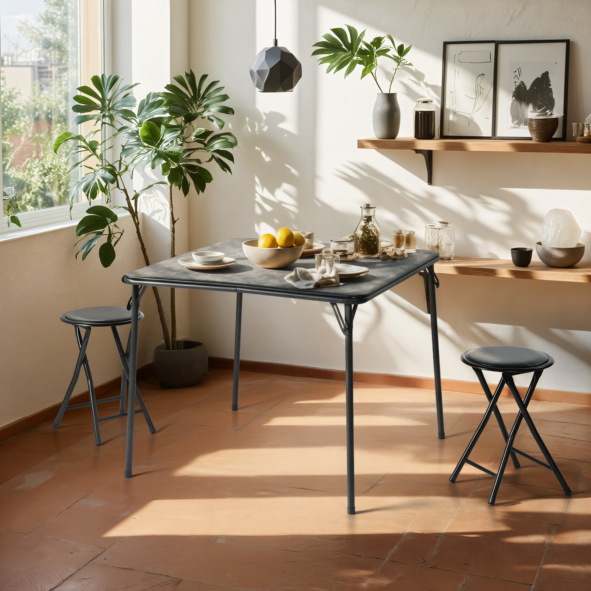 FurnitureR 3-Piece Folding Table and Chair Set for 2, Space-Saving Square Card Table with 2 Stools, Ideal for Small Spaces, Home, Patio, Black