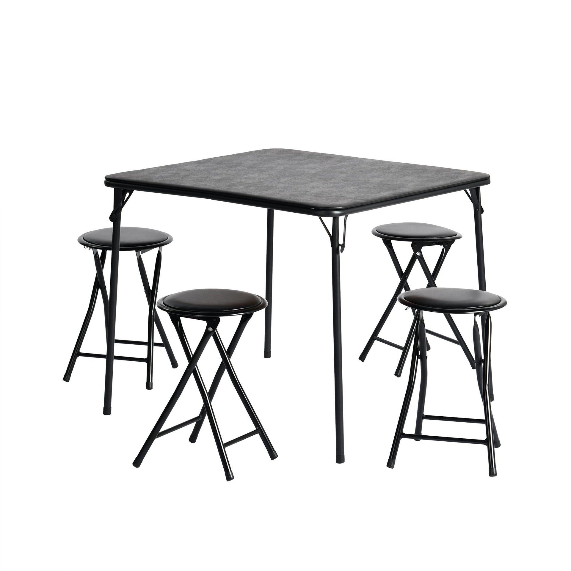FurnitureR 5-Piece Folding Table and Chair Set for 4, Space-Saving Square Card Table with Stools, Ideal for Small Spaces, Home, Patio, Black